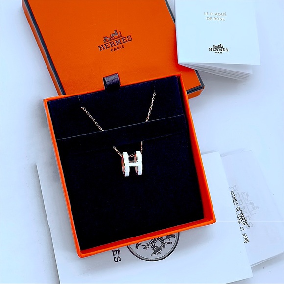 Hermes | Full Size Pop H Pendant Necklace in Rose Gold White Enamel Letter Logo - Picture 1 of 5